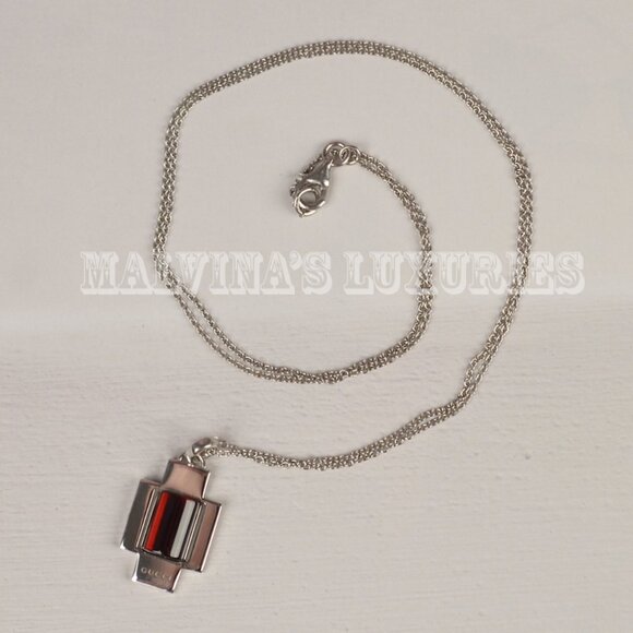 GUCCI NECKLACE GARNET CROSS LOGO PENDANT STERLING SILVER CHAIN 354930 - Picture 3 of 6